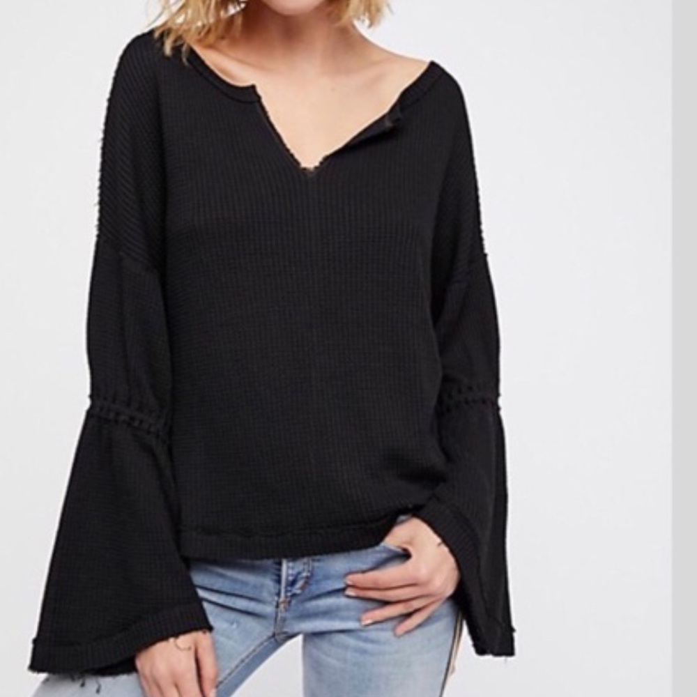 Free People We the Free Dahlia Thermal Top Black Small Bell Sleeve Oversized